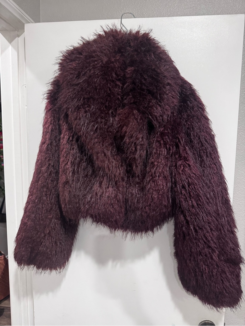 Plush Faux Fur Teddy Jacket in Deep Wine